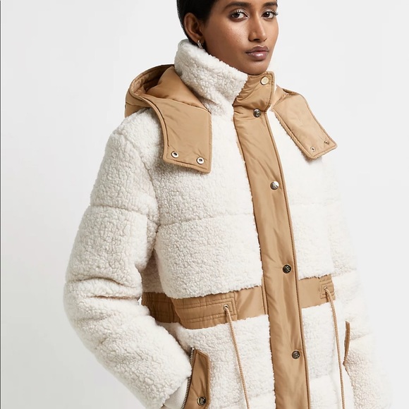 Borg Cream Padded Parka Coat Sherpa - Picture 4 of 6